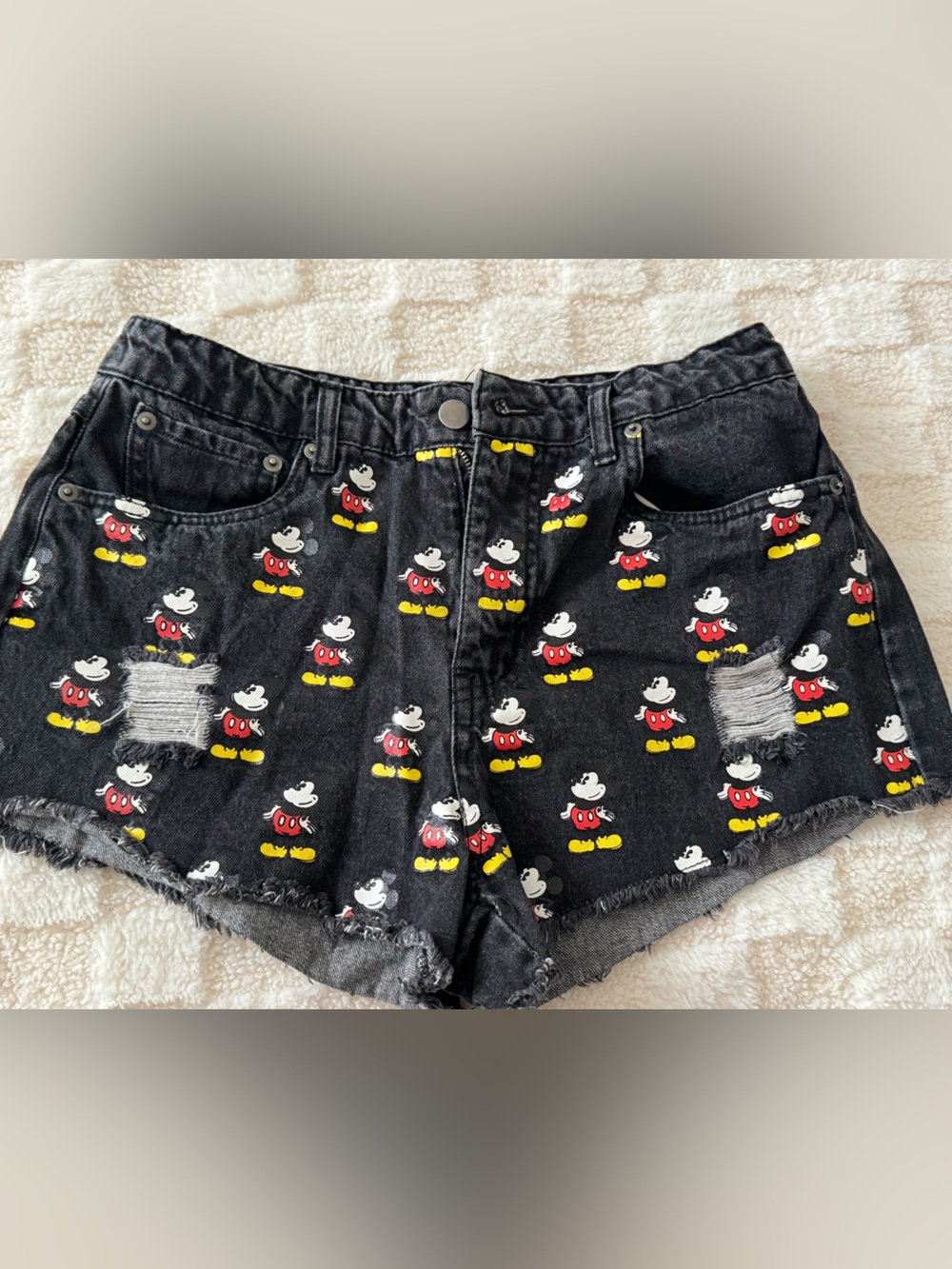 Disney Black Denim Shorts with Red, Yellow & White Mickey Print